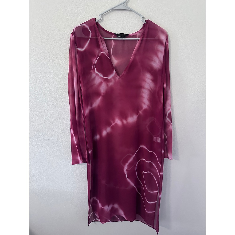 BCBGMAXAZRIA Tunic Dress M Magenta Excellent Tie Dye Sheer V-Neck Bell Sleeve